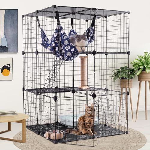 Kalolary 3 Tier DIY Cat Playpen Metal Enclosure with Hammock, Bowl, Scratching Post & Litter Box for 1-2 Cats & Small Pets