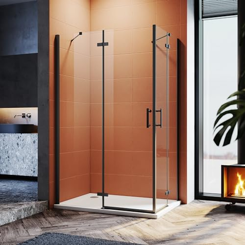 Sonni Eckeinstieg Duschkabine 90x120 cm Schwarzes Dusche Ohne Rahmen 195cm HöHe Mit PendeltüRen 6mm Nano Esg-Glas Scharniertür Duschabtrennung