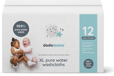 Dadamuma - 99.9% Pure Water XL Washcloths (12 x 24 wipes), Natural Ingredients, Large Body Wipe, Dermatologically Tested, Plastic-Free, Biodegradable, Rinse Free. Ideal for Camping, Post-surgery