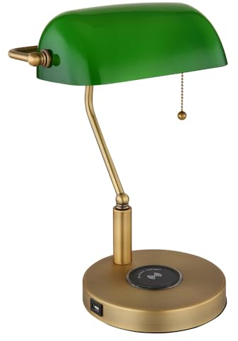 GLOBO LED Schreibtischleuchte Bankerlampe Tischlampe altmessing Glas grün Leseleuchte, kabelloses Laden USB Anschluss, Zugschalter, 7W 806lm warmweiß, LxH 26,5x36 cm