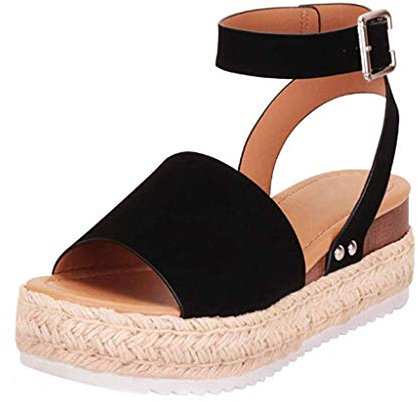 Sandales compensées à pieds larges pour femme avec semelle compensée ouverte en caoutchouc avec boucle et sangle de cheville cloutée, Noir , 38.5 EU