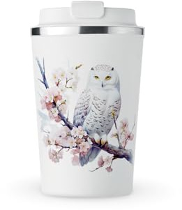 MAXIKIWI - Insulated Double Walled, Leakproof Stainless Steel Mug, Coffee or Tea Travel Tumbler with Lid, Keep Drinks Hot and Cold - Snowy Owl in Blossoms - 350ml