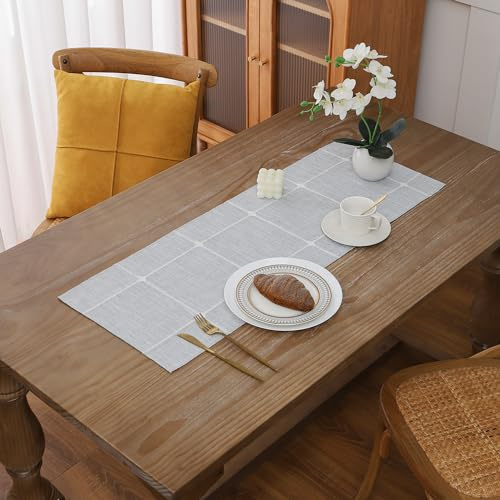 Gernaice Boho Table Runner, Modern plaid Cotton Linen Farmhouse Table Runners for Dresser End Coffee Table Home Decor, 24 L X 13 W Grey