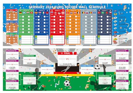 EM Spielplan Poster für Dekoration 2024-2 Stück 21 x 63cm 2024 EM Fussball Planer Europameisterschaft Wandtafel mit allen Mannschaften Gruppen Knockout Finale, Geschenke für Jungen und Männer
