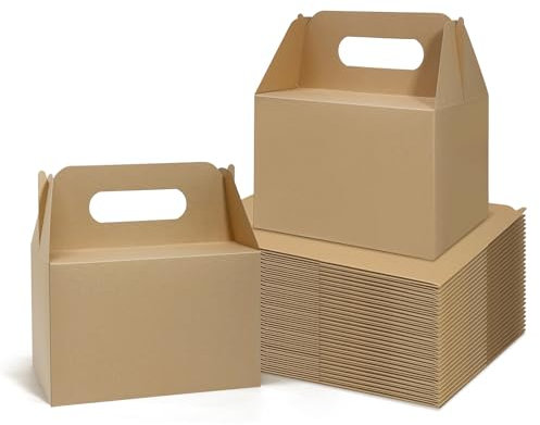 30 Pack cardboard boxes, 9 x 6 x 6 Inches Brown Party Favors Boxes, Gable Gift Boxes with Handles for Party Favors, Cookies, Food Packaging