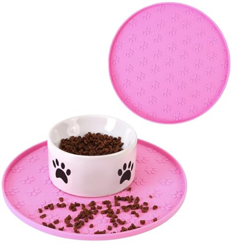 Silicone Pet Feeding Mat, Non-Slip Dog Bowl Mat, Cat Food Mat, Waterproof Tray (2Pack Pink, 28x28 CM)