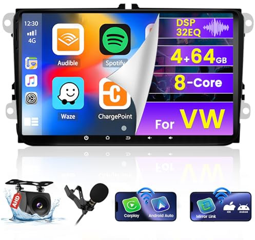 Hikity 8 Core 4+64G Car Radio per VW Golf 5 6 Passat B6 EOS Polo Tiguan T-ouran Wireless Carplay Android Auto Android Autoradio 9 Pollici Stereo Auto con GPS 32EQ DSP WIFI Bluetooth FM Telecamera