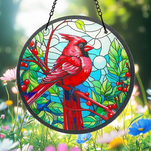 H&D HYALINE & DORA 16,3 cm rote Vogel-Fensterbehänge, Kardinalvögel, Buntglasscheiben, zum Aufhängen, bunt, für drinnen und draußen, Hausgarten, Ornamente