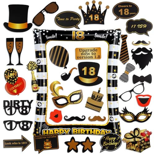 AIBAOBAO Photo Booth Compleanno 18 anni, 34 Pezzi Foto Props per Feste e Compleanni con Grande Cornice Gonfiabile per Selfie Nero Oro, Spiritosi Fai da Te Gadget 18 anni Ragazza Ragazzo per Invitati