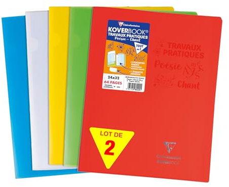 Clairefontaine 980420C - Schulheft/Praxisarbeitsheft Koverbook DIN A4+ 24x32 cm, 32 Blatt, französische Lineatur 90 g + blanko Zeichenpapier 125g, geheftet, farbig sortiert, 1 Stück (Packung mit 2)