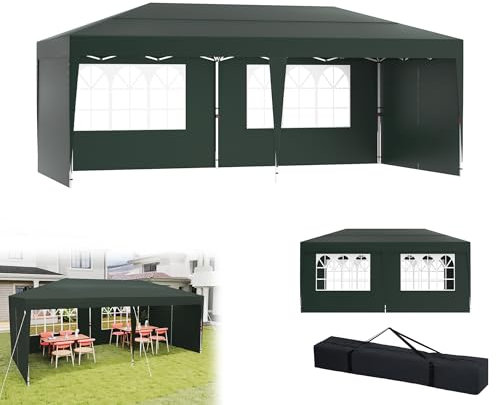 YRHome 3x6m Pavillon mit 6 Seitenwände Höhenverstellbar Wasserdicht Stabil Winterfest Faltpavillon Pop-Up Partyzelt Gartenzelt Gartenpavillon UV Schutz 210D Oxford-Gewebe inkl. Tasche Dunkelgrün