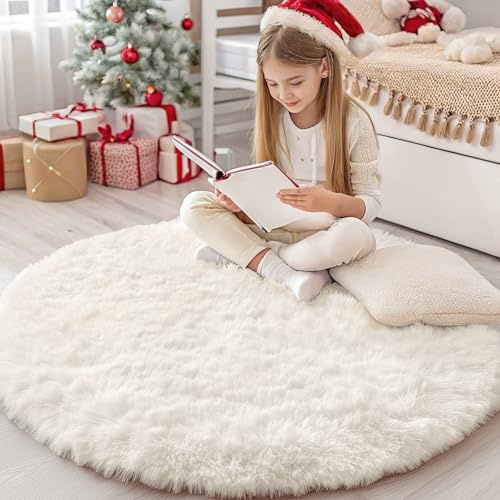Homaxy Hochflor Waschbar Groß Teppich Wohnzimmer 160 cm Rund, Creme | Anti-Rutsch Unterseite Teppiche, Flauschig Teppich fürs Kinderzimmer, Schlafzimmer