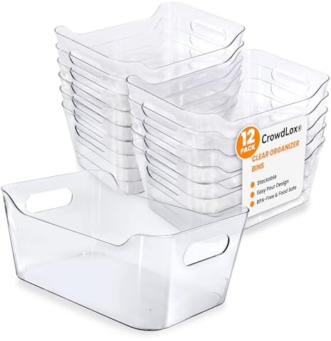 CrowdLox 12 Pack Multi-Use Clear Plastic Storage Bins for Organizing w/Labels - Home, Kitchen, Bathroom, Office, Pantry Cabinet Shelf Organizer Bins