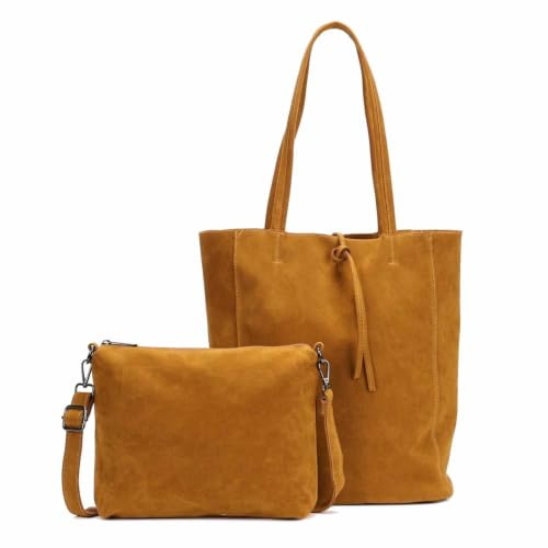 ITALYSHOP24 Damen Tasche Set 2in1 Shopper Handtasche Crossbody Hobo Bag Schultertasche Umhängetasche Metallic Cross-Over DIN-A4 Senfgelb