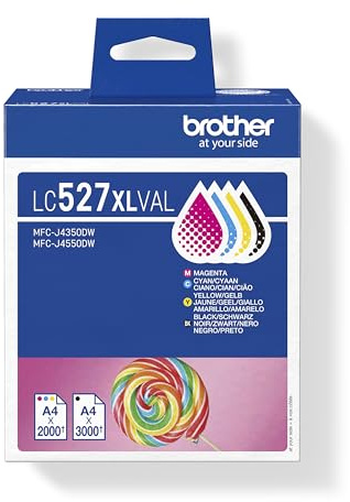Brother LC-527XLBK/LC-527XLC/LC-527XLM/LC-527XLY Inkjet Cartridges, | Black/Cyan/Magenta/Yellow, High Yield, Multi-Pack, includes 4 x Inkjet Cartridges, Genuine Supplies
