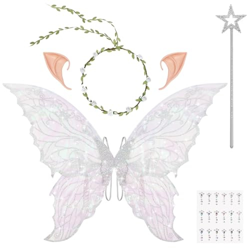 DiULi Alas Hadas Mariposa, 5pcs Alas de Duende+Guirnalda+Orejas de Elfo+Varita de Hada+Pegatinas Diamantes, Alas Disfraz Mujeres y Niños para Halloween, Carnaval, Fiesta,Cosplay, Talla Única (Blanco)