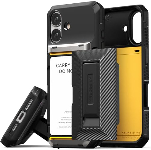 VRS DESIGN Damda Glide Hybrid-Schutzhülle für iPhone 17 (2025), stabil, halbautomatisches Kartenschlitz, Brieftasche, 4 Kartenfächer, Ständer, entworfen für iPhone 17 (2025), Mattschwarz