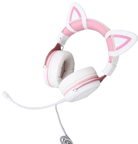 Annadue Casque Gaming Filaire, Casque PC Lumineux RGB avec Micro antibruit, Haut-parleurs 50 mm, Oreillettes en Mousse à mémoire de Forme, pour Une Communication (Rose Blanc avec décor d'oreilles de