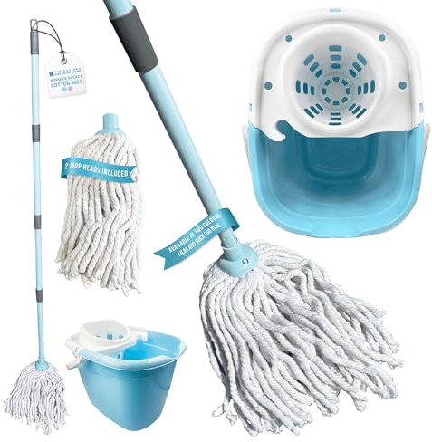 Floor Mop and Buckets Set Cotton String Mop & Bucket Set 13L Capacity Wringer, Cleaning Floors for Kitchen, Bathroom Home Cleaning - Duck Egg