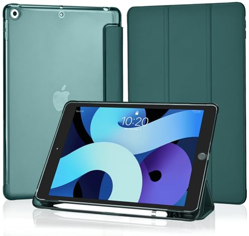 4UBonLife Coque pour iPad 10,2 Pouces 9ème/8ème/7ème Génération 2021/2020/2019 avec Porte-Stylet, Étui Housse de Protection Léger Coque Arrière Rigide Translucide Givré pour iPad 9/8/7, Vert Nuit