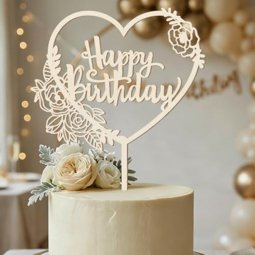 Cake Topper Happy Birthday Holz,Herzformige Rosen Tortendeko Geburtstag Kuchen Deko für Mädchen Junge Frauen Mann
