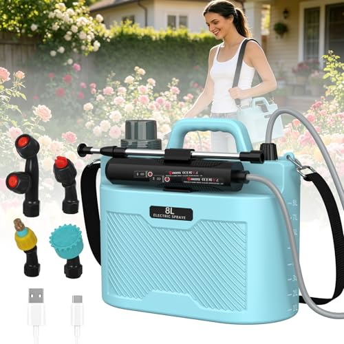 Lafisun 8L Akku Drucksprüher, Gartenspritze mit 4 Verstellbaren Düsen & 3 Sprühstufen, USB-Aufladung Pumpsprüher für Rasen, Garten, Pflanzenpflege