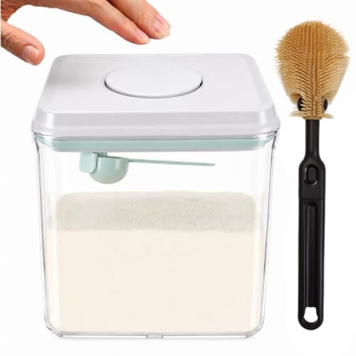 NARYVORA Dispensador de leche en polvo, 1700 ml, transparente, con cuchara | Hermético, sin BPA, incluye cepillo de silicona, cuchara y borde rascador para alimentos de bebé, cereales y aperitivos