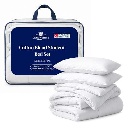 Lancashire Textiles Single Student Bedding Set – 10.5 Tog Duvet 135x200cm, Pillow 2 Pack (50 X 75 Cm) & Mattress Protector 91x191cm, Soft Dorm Room Quilt Set for All Seasons Bedding Set