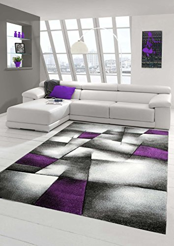 Teppich-Traum Designer Teppich Moderner Wohnzimmer Kurzflor Mit Konturenschnitt Karo Muster Lila Grau Weiss Schwarz Größe 80x150 cm