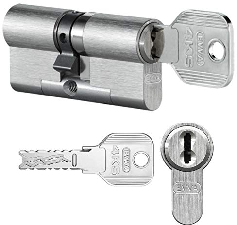 EVVA 4KS Doppelzylinder, beidseitig KZS, mit 10 Schlüssel, Länge (a/b) 51/56(c=107mm), Not-u. Gefahrenfunktion BSZ, spezieller Bohr-u. Ziehschutz KZS beidseitig, modulare Bauweise SYMO