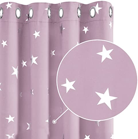 Deconovo Tende Moderne Stampa Stelle Argentate per Soggiorno con Occhielli, Tende Opache Oscuranti 2 Pezzi per Camera da Letto, 140x240 CM (Larghezza x Altezza), Rosa Chiaro