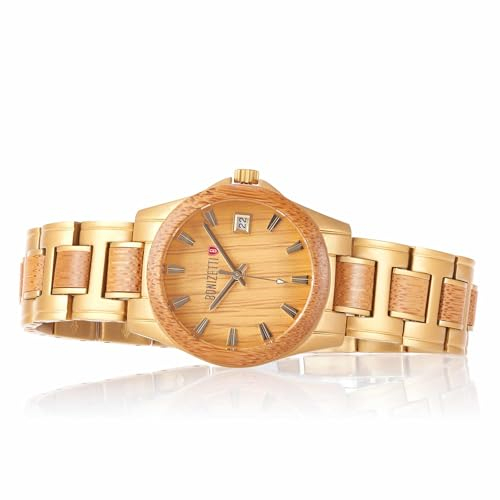 Bonizetti Damenuhr ZUGSPITZE Holz-Uhr Braun Gold Durchmesser 3,9cm Armbanduhr, Holzarmband, Bambus, Naturmaterialien, Materialmix, Analog, Quarz-Uhrwerk, leicht