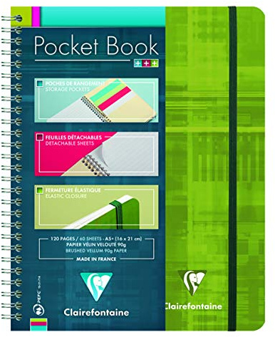Clairefontaine 68566C - Packung mit 5 Heften Pocket Book A5+ mit Gummizug, 60 Blatt liniert 90g, farbig sortiert, 1 Pack