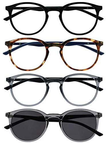 OPULIZE Met 4er-Pack Lesebrille Mit Sonne Leser Groß Runden Schwarz Braun Grau Herren Damen RRRS60-1277 +1,00