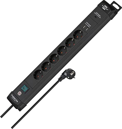 Brennenstuhl Premium-Line Steckdosenleiste 6-fach mit USB C Power Delivery (Mehrfachsteckdose mit 3m Kabel und Schalter, mit Aufhänge-Vorrichtung, 2x USB 3,1 A, Made in Germany) schwarz