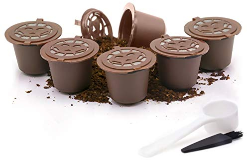Dolce Gusto Kaffee Wiederverwendbare nachfüllbare Schoten 6-tlg mit Kompatible Filterbecher mit Schaumfunktion BPA-freie Kaffeepads für Dolce Gusto mit 2 Plastiklöffel und 2 Reinigungsbürste (6 Braun)