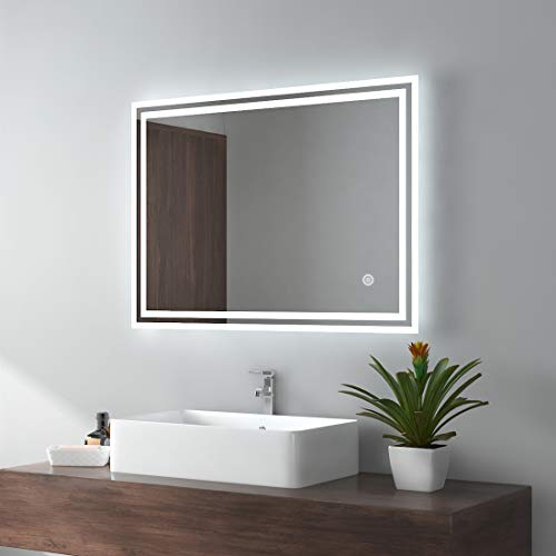 EMKE LED Badspiegel 90x70cm Badezimmerspiegel mit Beleuchtung kaltweiß Lichtspiegel Wandspiegel mit Touchschalter + beschlagfrei IP44 energiesparend
