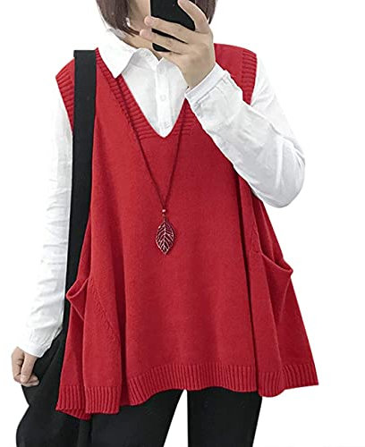 YESNO Women Loose Swing Chunky V-Neck Sweater Vests Oversized Knit Sleeveless Jumpers with Cute Drop Pockets 3XL WM9UK Red