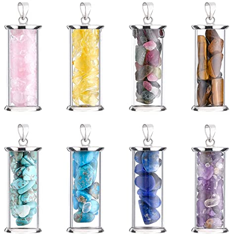 PandaHall Steinsplitter-Wunschflaschen-Anhänger, 8 Styles Tigerauge/Amethyst/Türkis Kristall Anhänger Wunschflasche Mit Legierungsschlaufen Für Anhänger Halsketten Schmuck DIY Craft Making