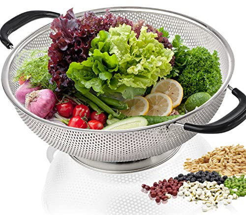 Scolapasta in acciaio inox 18/8 da 5 litri, con manico in silicone, facile da impugnare, filtro micro-perforato, resistente e autodrenante, base ad anello, senza BPA, lavabile in lavastoviglie, nero