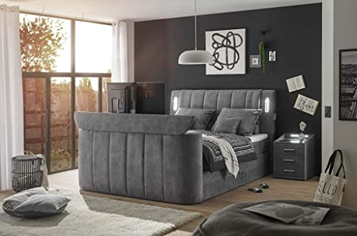 DALLAS 6 Boxspringbett 180x200 mit Bettkasten, Grau - Bequemes Doppelbett mit motorisierter TV-Halterung & LED-Beleuchtung - 186 x 126 x 244 cm (B/H/T)