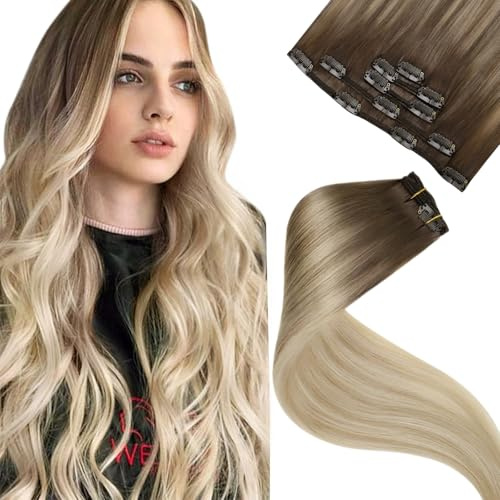 LaaVoo Extensions Clip in Ombre Balayage Hellbraun bis Dunkel Aschblond mit Platinblond Clip in Haarverlängerung Remy Extensions Echthaar 80G/5Stück 50cm