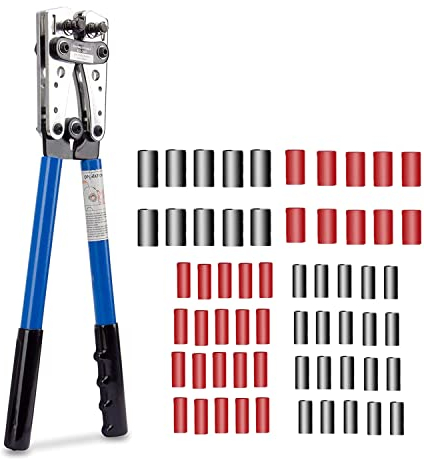 Batteriekabel-Crimpwerkzeug+ 60 Schrumpfschläuche-AWG 10-0, 6/10/16/25/35/50 mm² 8 Größen,Batteriekabelschuh,Crimpzange für robuste Drahtschlaufen,Batterieklemme,Kupferösen