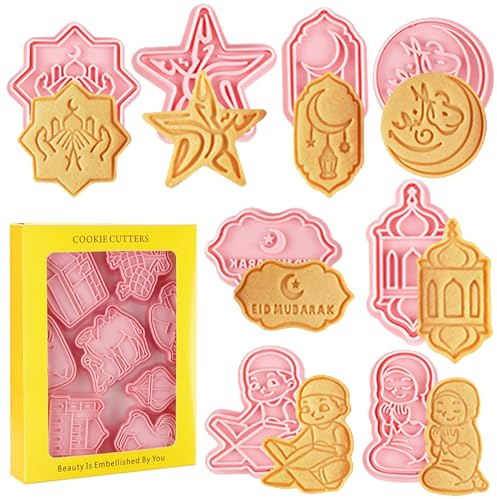 Leonshco 8 Stück Eid Mubarak Ausstechformen Kinder, Ramadan Islamische Muslimische 3D Silikon Keksausstecher, Pressbare Keksstempel für Kuchen Backen, Party Dekoration Fondant, Käse, Backformen (B)