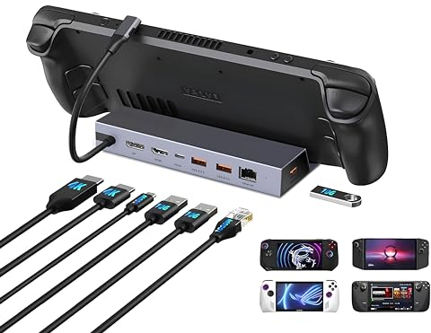 7-in-1 Steam Deck Dock with Dual 4K@60Hz HDMI DisplayPort – 100W USB C Docking Station for Steam Deck ROG Ally Legion Go – MacBook iPad Android Gaming Hub/Gigabit Ethernet 3xUSB 3.0 Ports