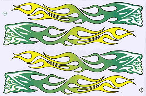 1 Bogen 270 mm x 180 mm - Totenkopf Flammen Feuer grün gelb Sticker Motorsport Motocross Auto Roller Tuning Aufkleber wetterfest Modellbau