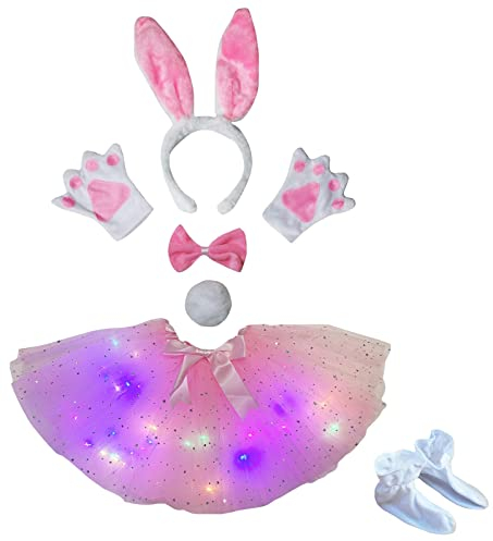 Petitebelle Bunny Ear Haarband Bowtie Tail Handschuhe Tutu Schuhe 6 Stück Kostüm 1-5 Jahre (weiß/rosa LED, Einheitsgröße)