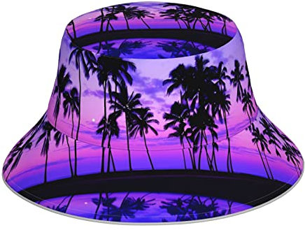 Reflektierender Fischerhut mit Palmen, violett, Sonnenuntergang, leicht, atmungsaktiv, faltbar. Unisex für Camping, Wandern und andere Outdoor-Aktivitäten. Vier Jahreszeiten, Schwarz , One size