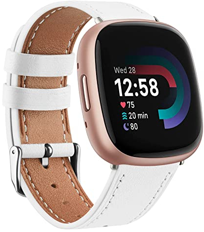 Wanme Lederarmbänder kompatibel mit Fitbit Versa 4/3, Sense 2/1, Ersatzarmband für Damen und Herren, Weiß