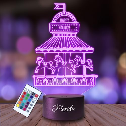 Plexido Nachtlicht Karussell Pferd Zirkus Illusion Lampe 3D Nachttischlampe Geschenk für Kinder Personalisiert Graveur Weltraum Kinderzimmer LED Licht Fernbedienung 16 Farbwechsel Wohnzimmer